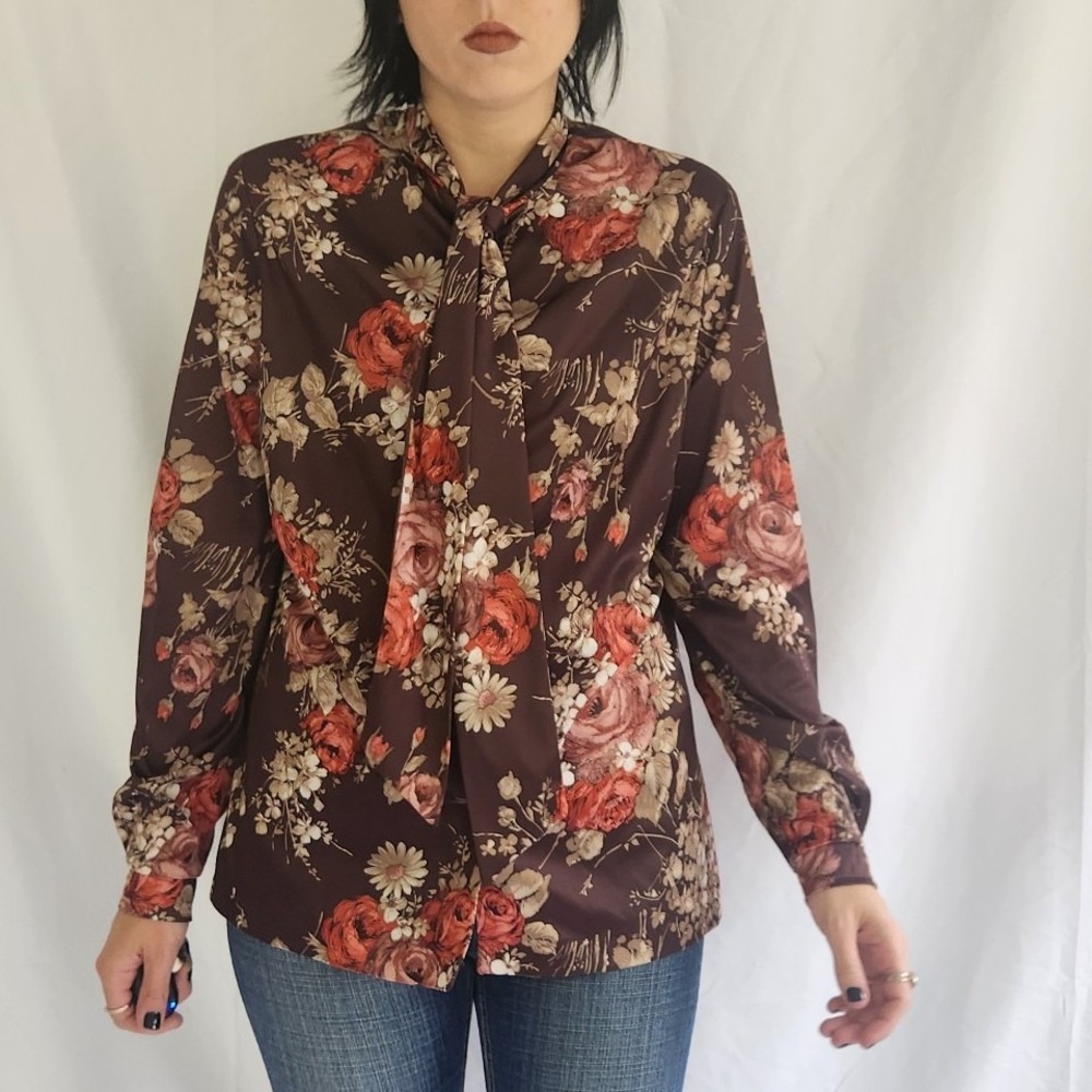 70s Brown and Pink Floral Blouse